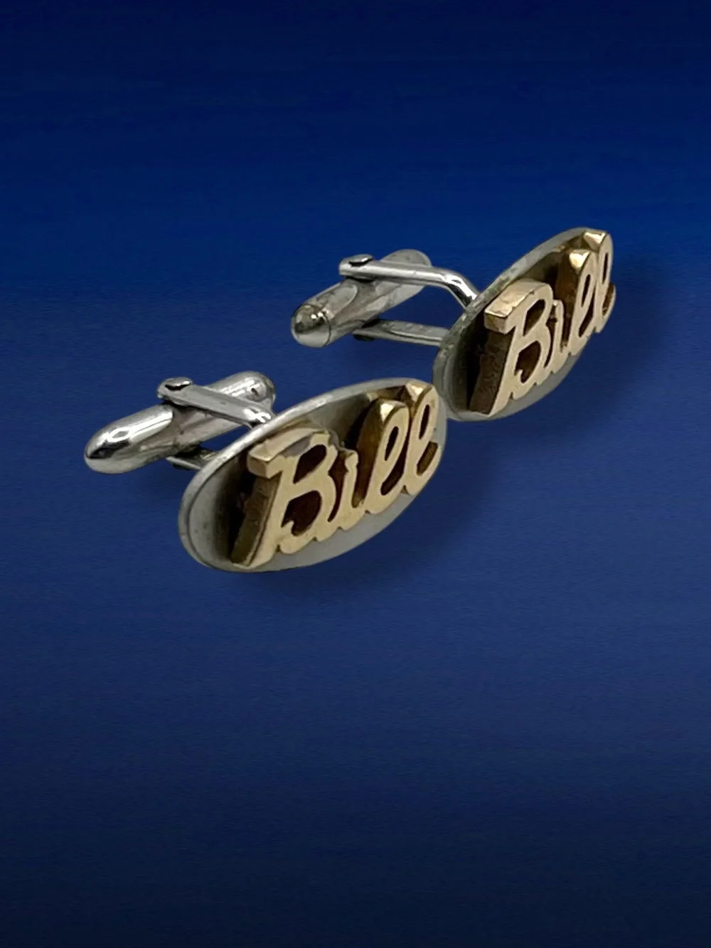 Vintage Pair of Two Tone Swank Cufflinks With Name of Bill Mid Century Estate Pc